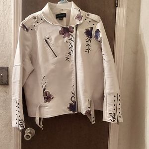 Colleen Lopez HSN Embroidered  Faux Leather Motto Jacket